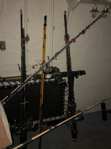 Some of the trolling rods hanging out. 